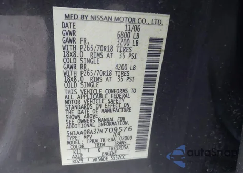 2007 Nissan Armada Se from USA, damaged, VIN 5N1AA08A37N709576